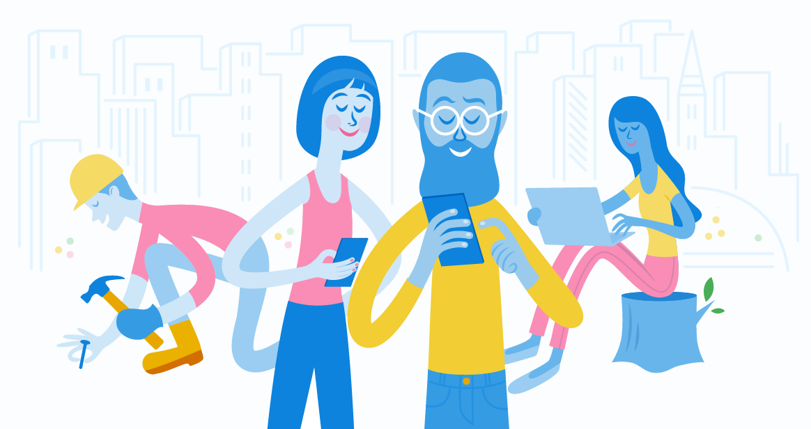 Illustration - FreshBooks characters Using Mobile App on-the-go